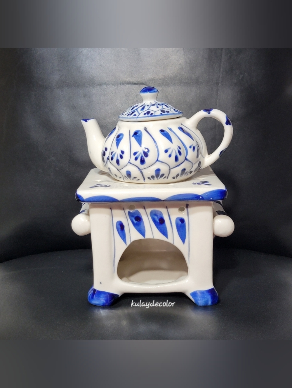 Vintage Blue White Chinoiserie Teapot Tea Light Candle Warmer Stand Set 3-Piece